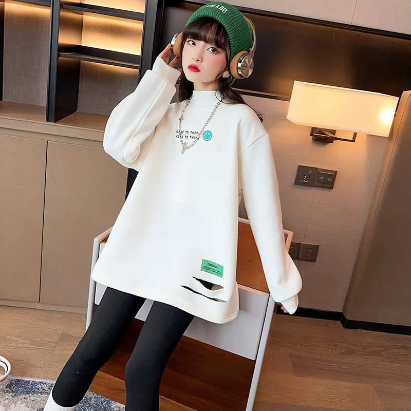 女童加绒T恤秋冬童装新款儿童冬季半高领一体绒内搭女大童打底衫