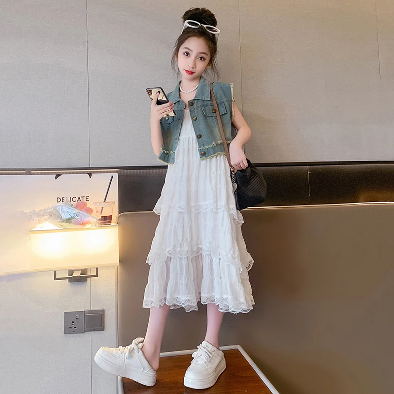 女童连衣裙套装2025夏装新款大童女孩夏季吊带长裙牛仔马甲两件套