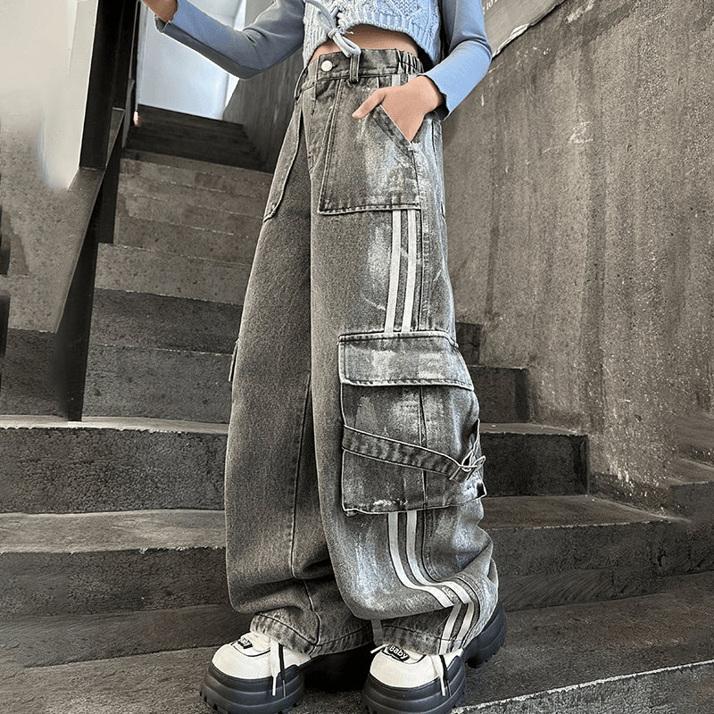 女童牛仔裤秋装2024新款儿童炸街工装裤春秋女大童洋气直筒阔腿裤