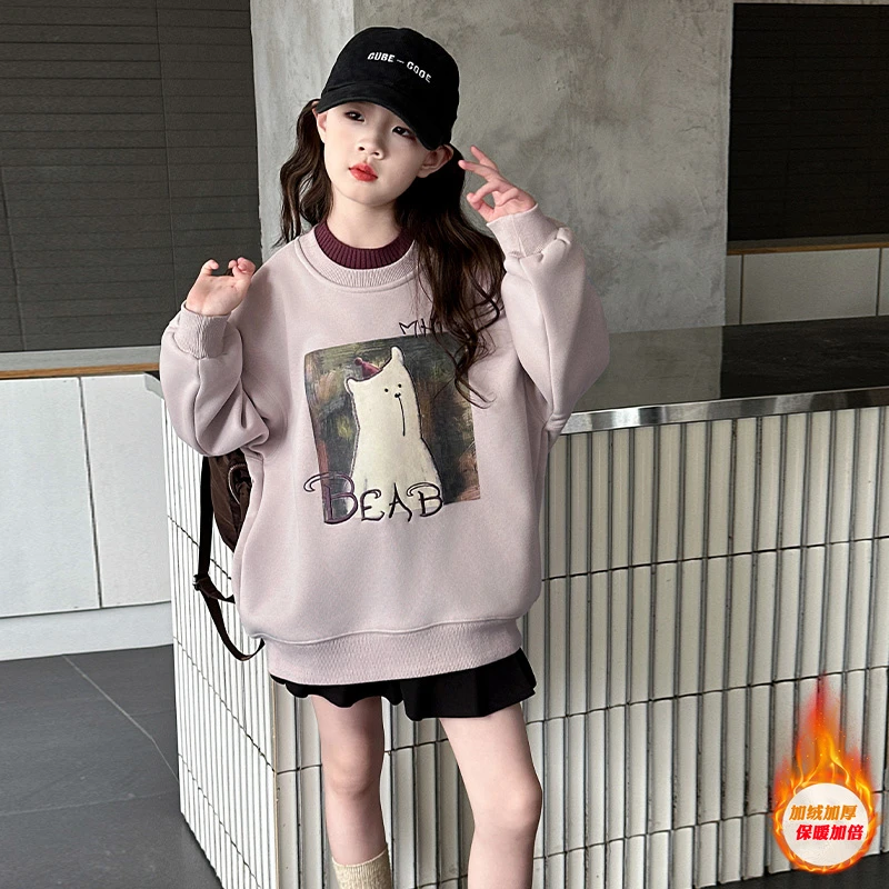 女童加绒卫衣秋冬季2025新款女孩大童韩版套头一体绒打底上衣冬装