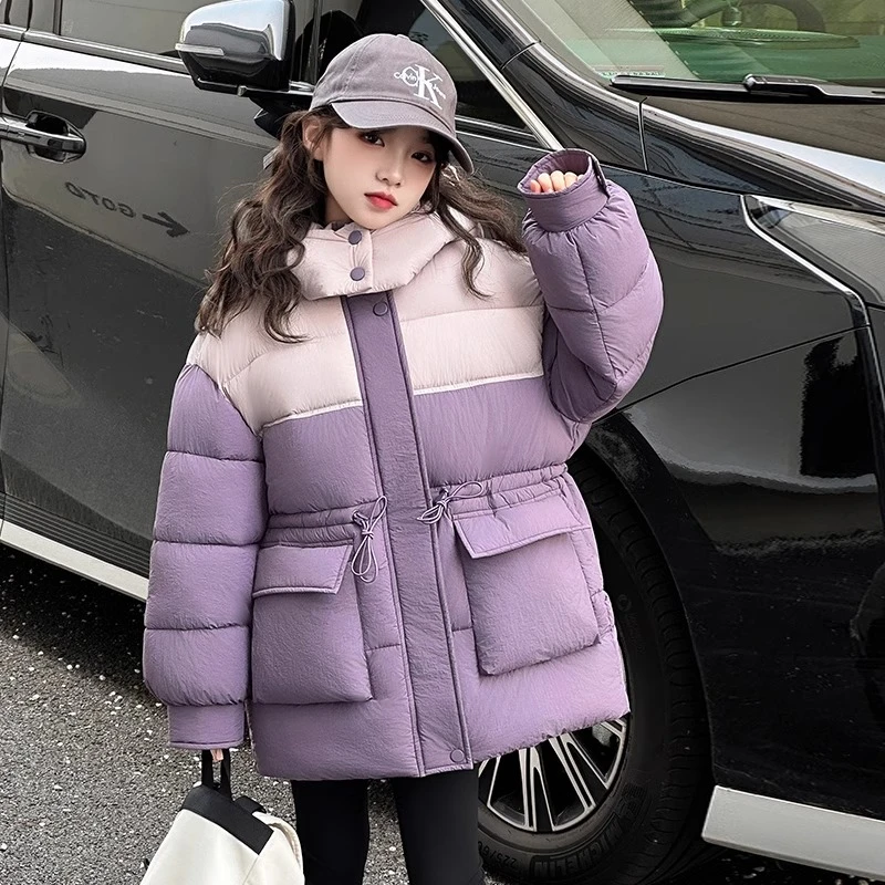 女童棉服冬装2024新款洋气女孩收腰拼接休闲棉衣儿童冬季棉袄外套