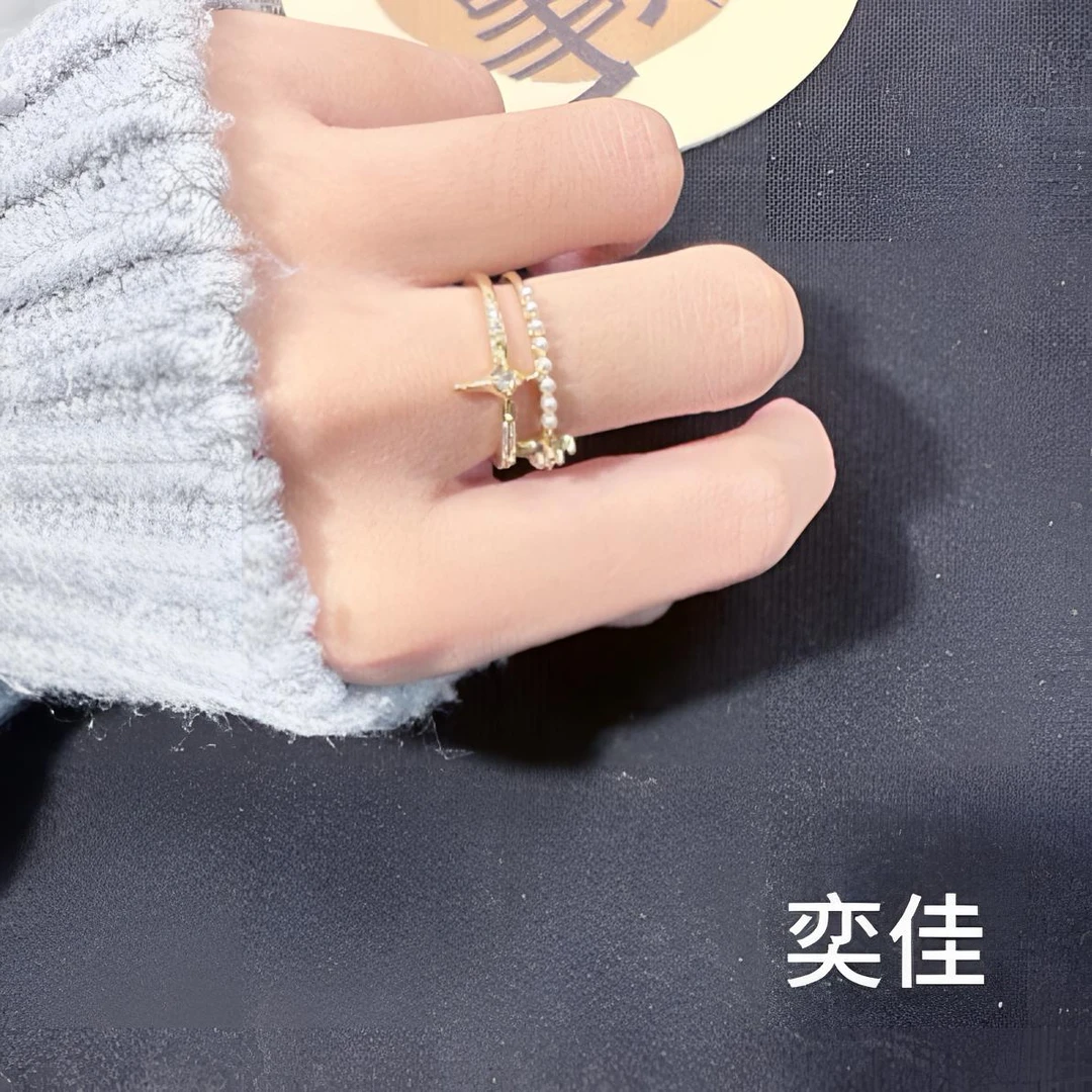 黄铜仿珍珠戒指 合金戒指星星开口设计小众时尚女气质感百搭指环