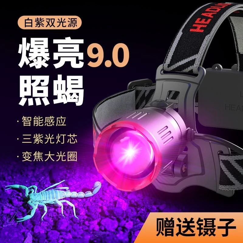 2024新款捕蝎子灯专用强光头灯充电超亮照蝎子长续航紫光灯变焦