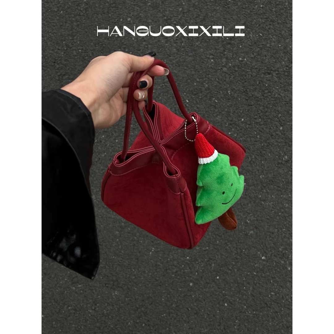 《红富士》韩国西西里 圣诞饺子包~高级感小众麂皮丝绒红色手提包
