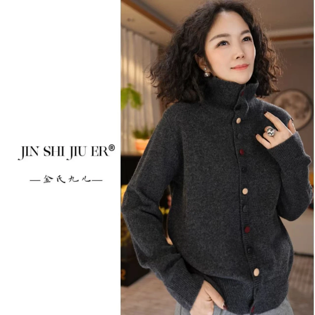 JIUER韩版彩扣一排扣高领毛衣开衫 宽松加厚翻领秋冬时尚百搭387