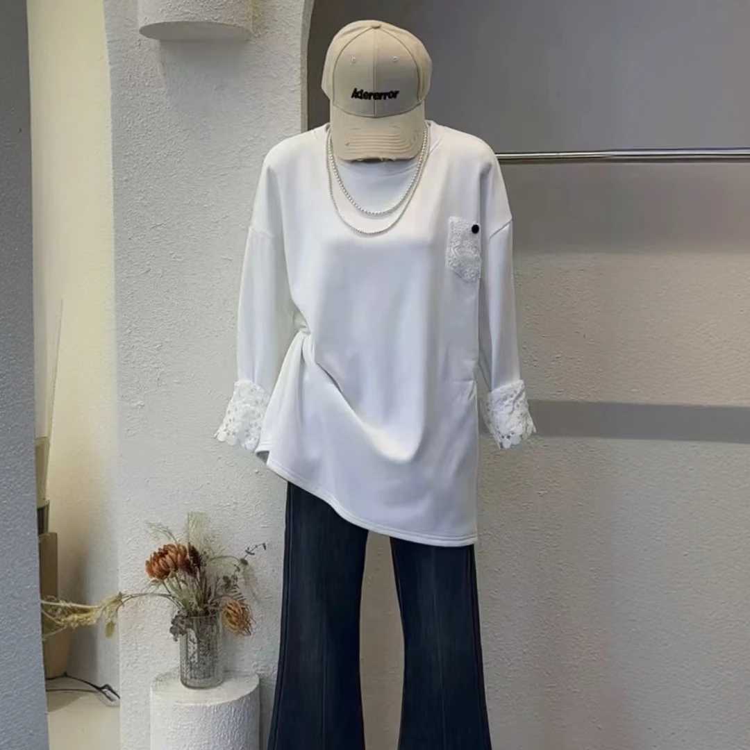 冬季加绒加厚中长款圆领蕾丝口袋设计感百搭宽松内搭打底T恤5606