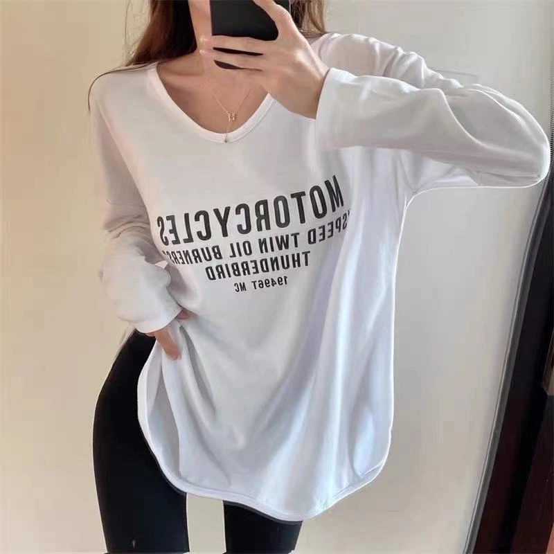 【大韩专属】秋季新品薄款U领设计感宽松减龄百搭显瘦印花T恤打底衫