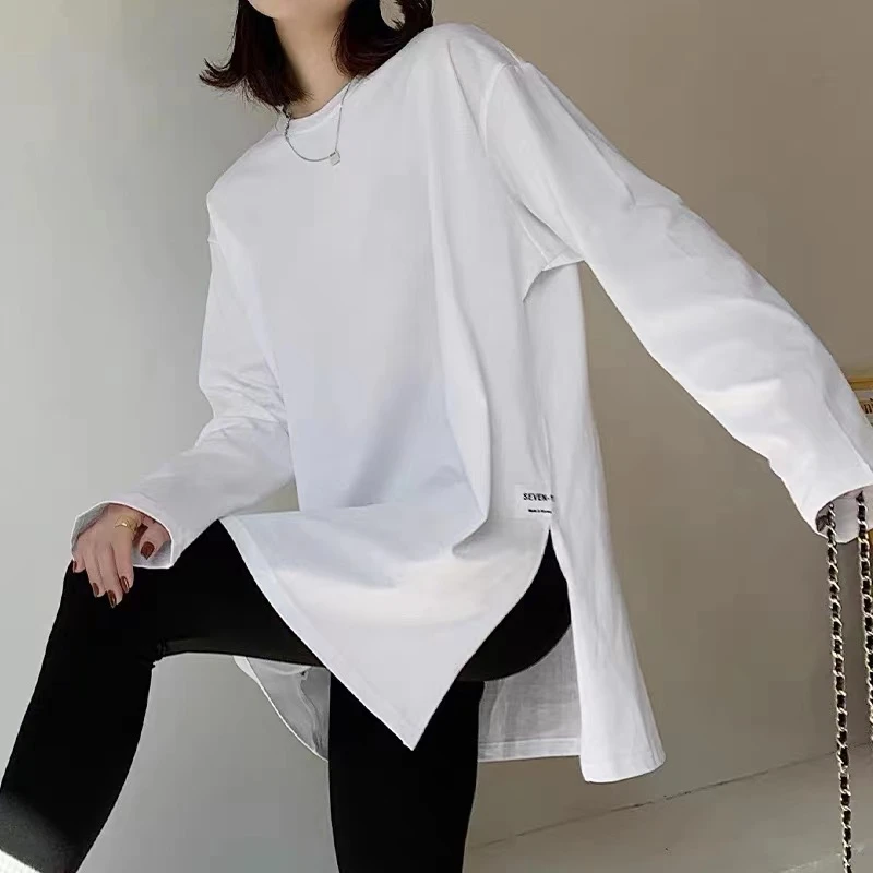 2023冬季新品中长款加绒加厚侧开叉时尚打底衫T恤百搭宽松上衣