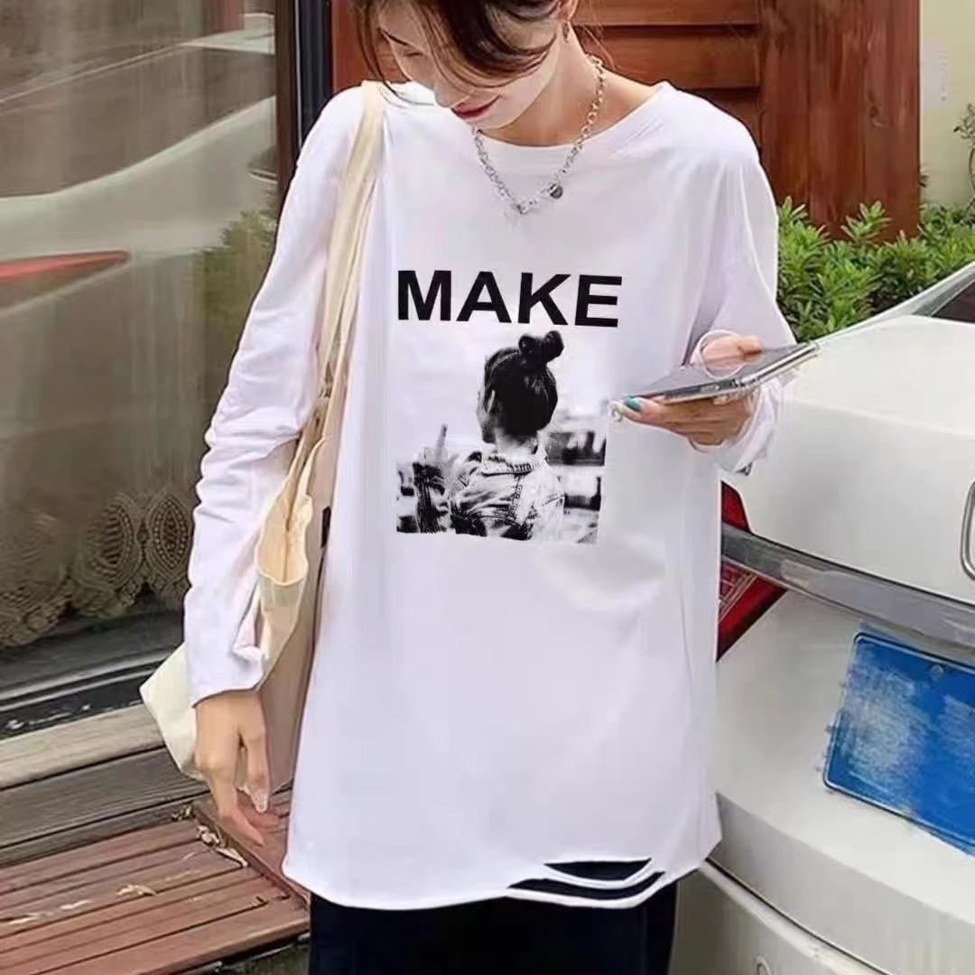 2023秋冬中长款美女印花T恤打底新款爆款白色长袖打底衫质量好