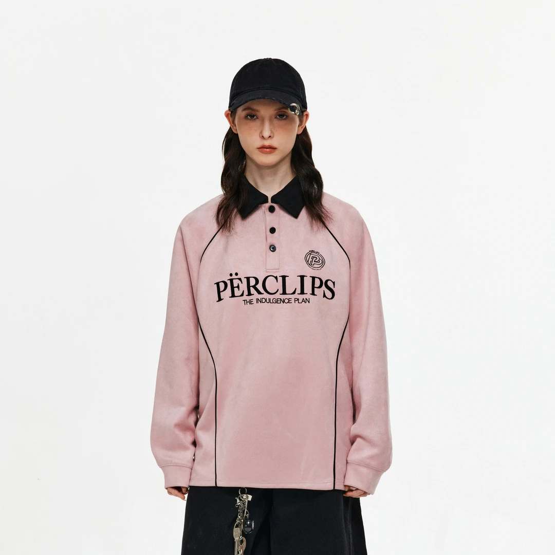 PCLP撞色仿麂皮长袖POLO潮牌秋季宽松设计感翻领休闲情侣t恤男