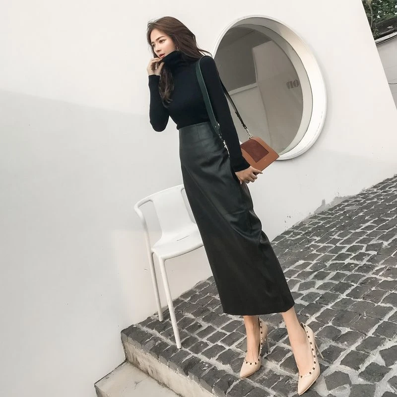 皮质半身裙2023新款秋冬长裙包臀裙侧开叉修身显瘦长款一步半身裙