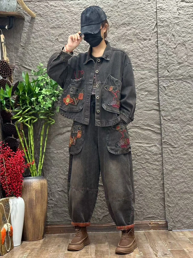 大码绣花重工复古宽松做旧民族风加棉上衣+裤子