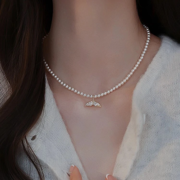 铜项链 正圆强光baby施家珍珠鱼尾项链女锁骨链吊坠轻奢小众设计