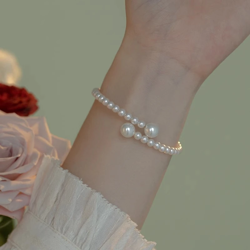 钛钢玻璃手镯 施家珍珠法式温柔气质手镯开口手链小众礼物高级感