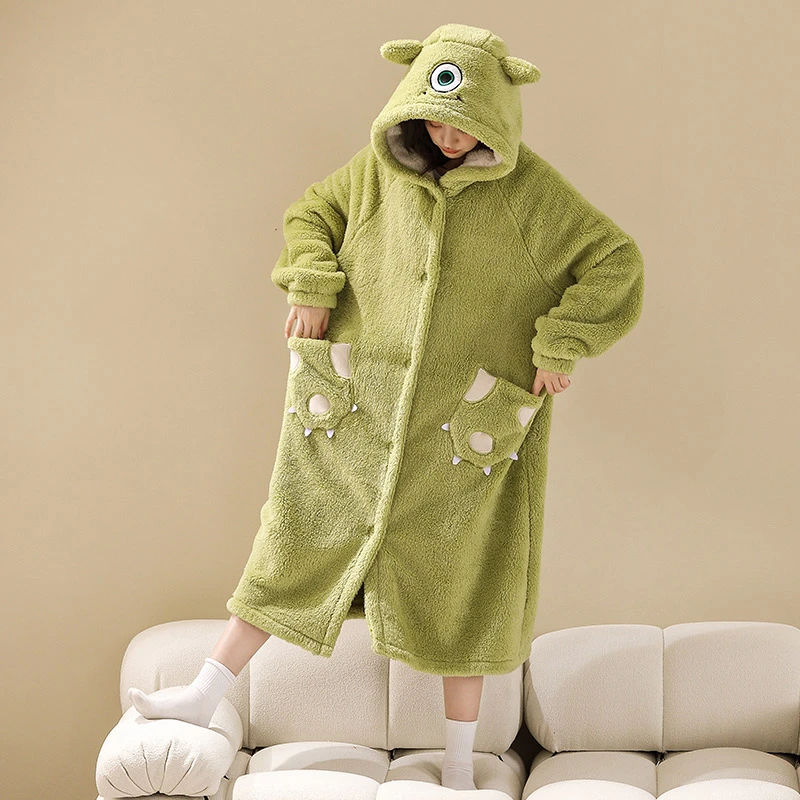 睡袍女秋冬加绒加厚珊瑚绒睡衣冬季法兰绒浴袍加长款家居服可爱款