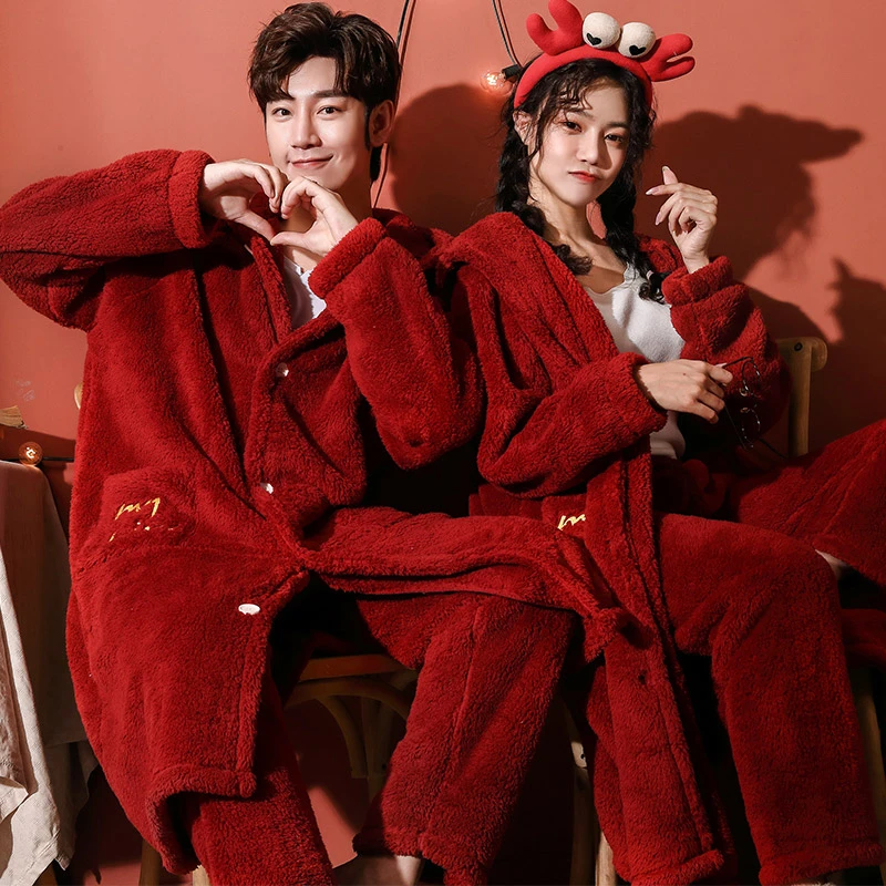 睡袍女秋冬季红色结婚新娘新婚睡衣本命年情侣套装珊瑚绒浴袍男