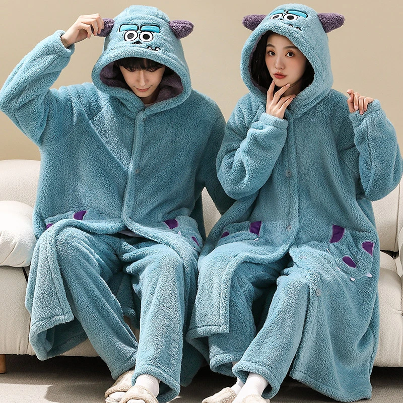 珊瑚绒情侣睡衣女秋冬季睡袍卡通法兰绒加绒加厚男士长款浴袍晨袍