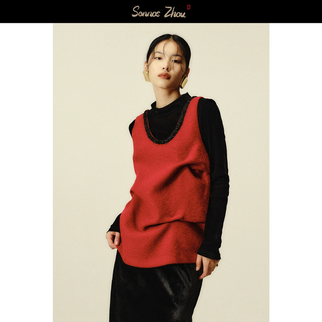 sennoszhou肌理感深领兜量马甲 C412017