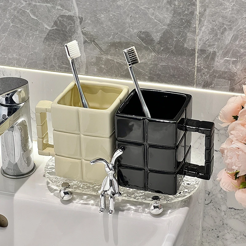 高颜值方块陶瓷漱口杯多巴胺情侣洗漱杯2024新款牙具刷牙杯置物架