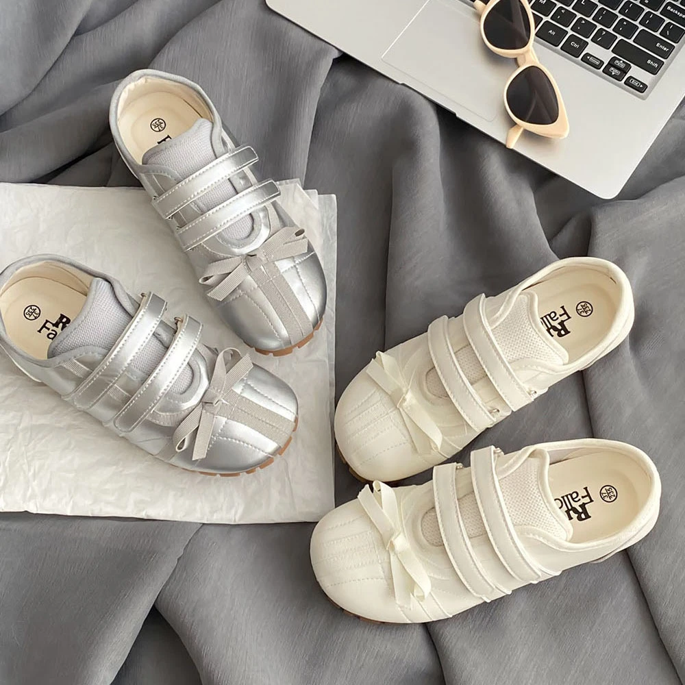 芭蕾魔术贴德训板鞋女夏秋季新款chic蝴蝶结平底圆头休闲小白鞋子