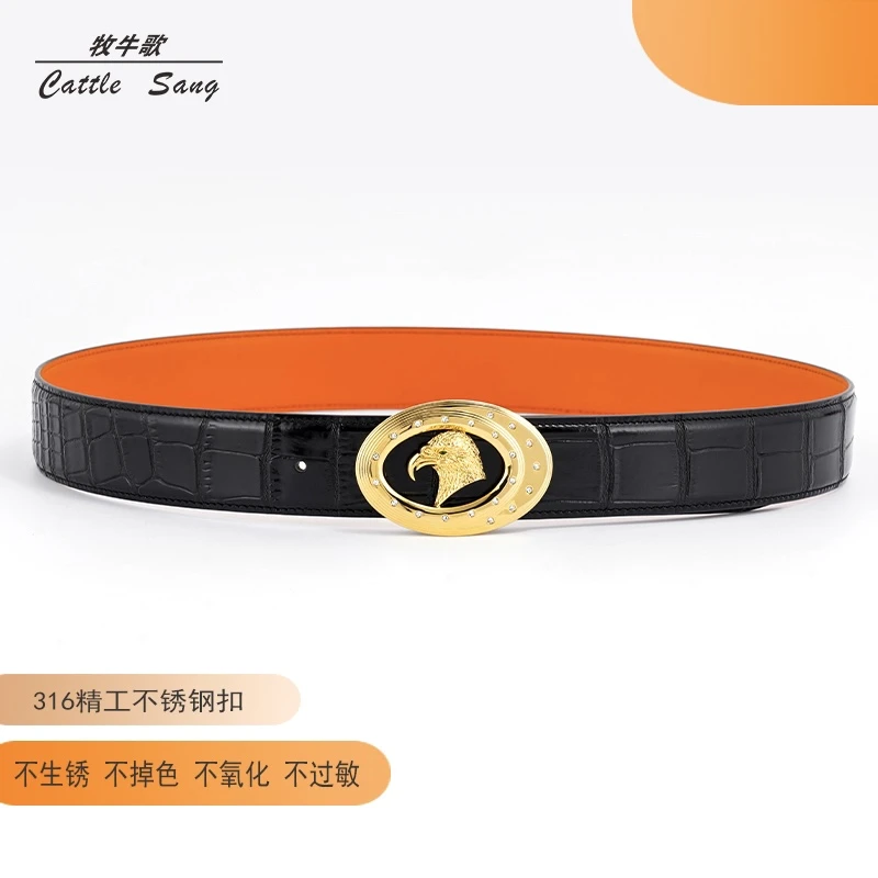 纯钢鹰扣】男士不锈钢真皮鳄鱼纹板扣腰带简约时尚百搭牛皮皮带