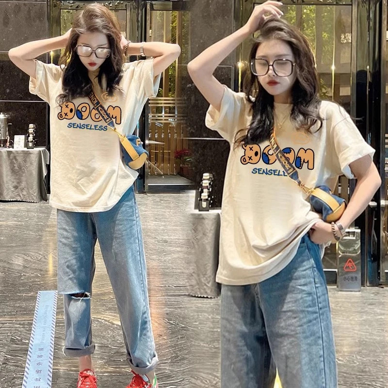 欧货上衣2023新款纯棉女士短袖t恤女夏季中长款圆领宽松体恤ins潮