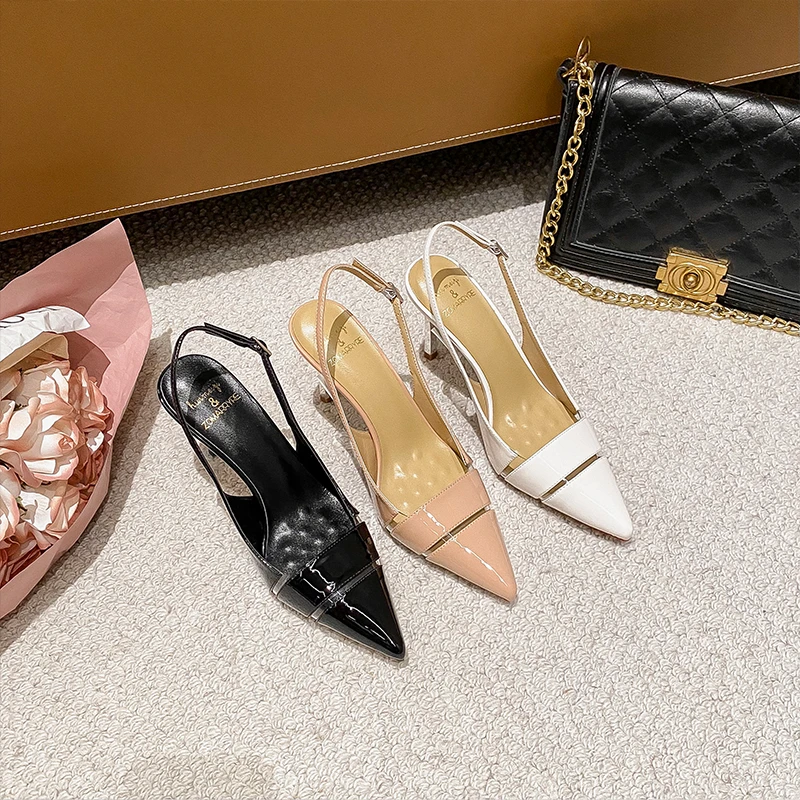 2025夏季新款漆皮裸色性感一字扣带后空尖头浅口细跟拼接高跟鞋子