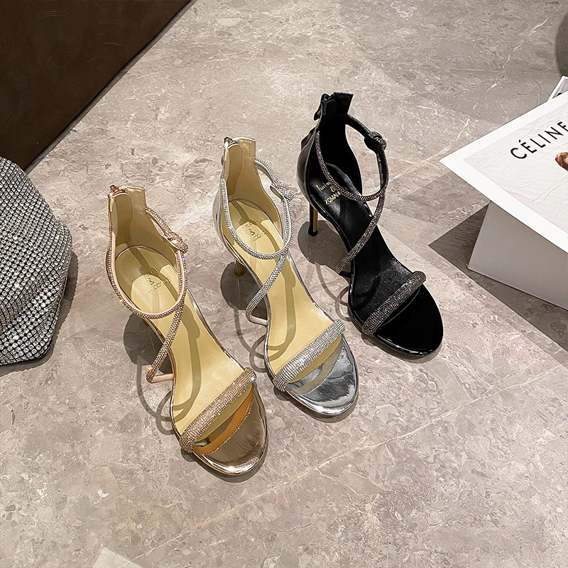 2025夏季新款性感一字带气质水钻高跟露趾时尚百搭细跟仙女风凉鞋