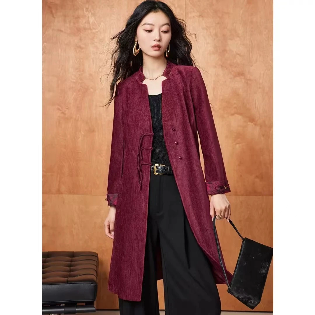 春盘扣V领复古气质时尚国风网红中长风衣C362