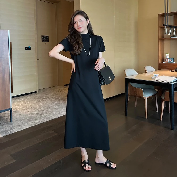 春夏秋季黑色短袖连衣裙女装圆领宽松休闲风纯色长款直筒A子裙子