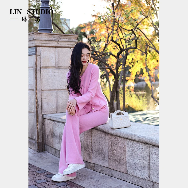 【山羊绒+绵羊毛 上衣】琳工坊雌霓粉色毛绒流苏针织开衫春装唐琳