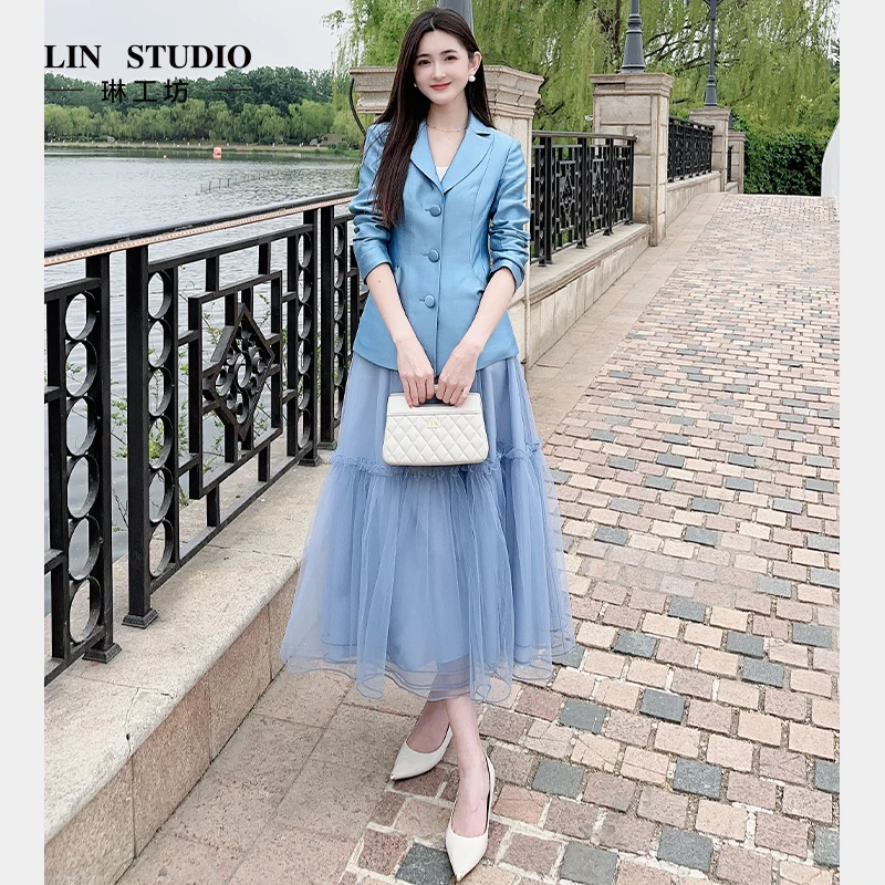 【绵羊毛+桑蚕丝】琳工坊月影蓝色西服气质时尚优雅职场唐琳设计师