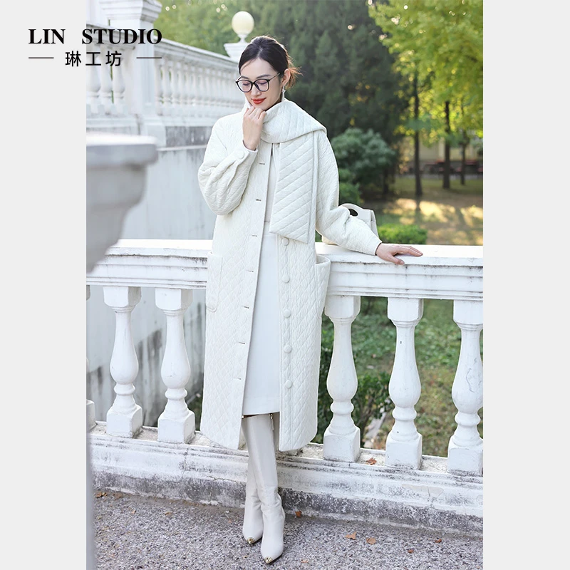 【含围巾】琳工坊浸梨白色棉服时尚菱形保暖优雅显瘦唐琳设计师