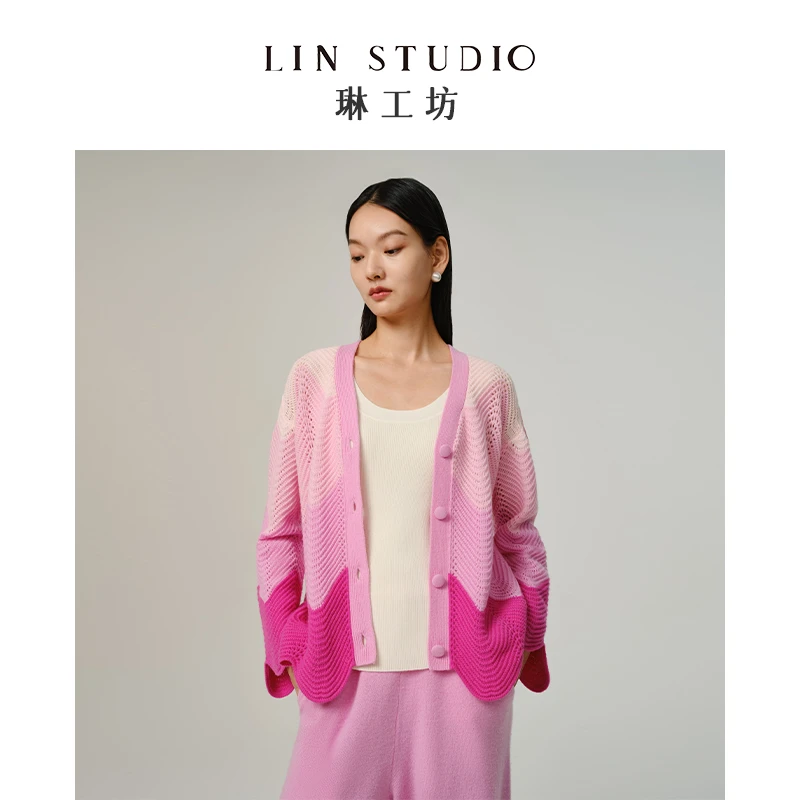 【山羊绒+绵羊毛】琳工坊绛纱粉色针织开衫优雅时尚镂空唐琳设计