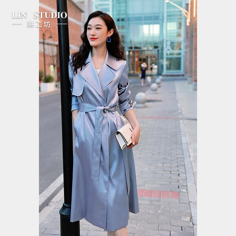 琳工坊烟雨蓝色风衣气质时尚优雅通勤显瘦休闲春季新款唐琳设计师