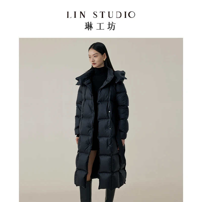 【95级别白鹅绒+可拆卸帽子领子】琳工坊鸾鸣黑色羽绒服长款唐琳
