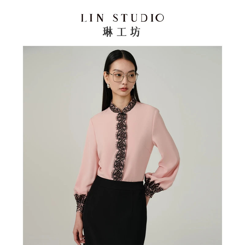 【醋酸】琳工坊亭西粉色蕾丝拼接衬衫时尚气质优雅新款唐琳设计师