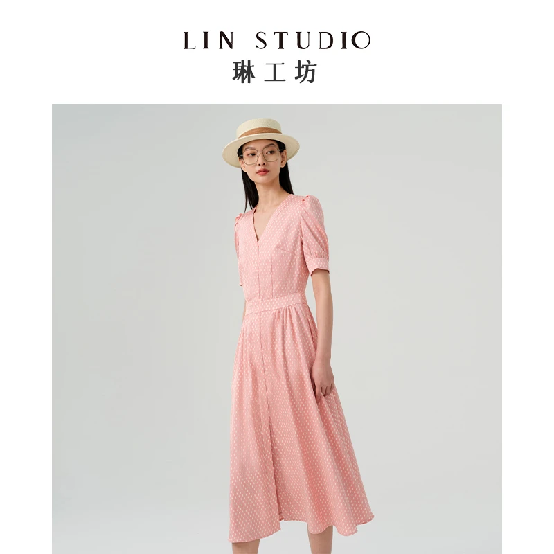 【高定工艺】琳工坊豆蔻粉色波点连衣裙法式时尚气质优雅约会夏季