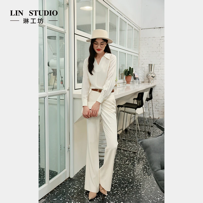 【醋酸】琳工坊臣山白色衬衫气质优雅通勤职场时尚新款唐琳设计师