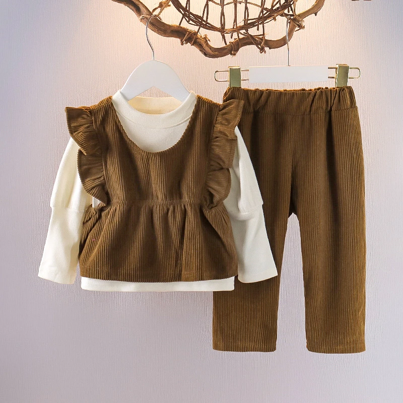 女小童秋款套装韩版洋气三件套时髦童装1-3通用儿童时尚纯色实拍