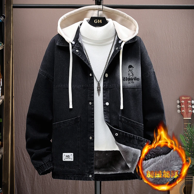 加绒加厚牛仔连帽青少年男装棉衣休闲潮流韩版时尚港风宽松男棉袄