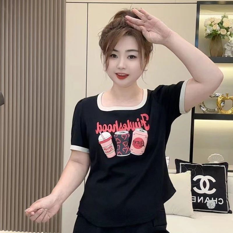 2025新款大码女装夏季显瘦遮肉宽松时尚百搭印花休闲小众上衣短袖