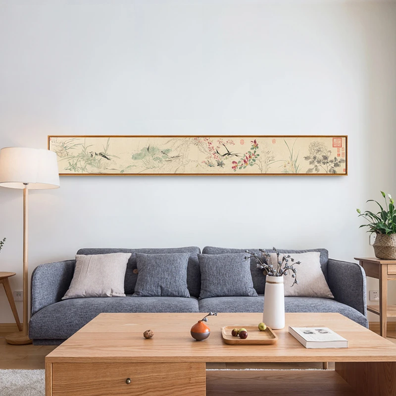 新中式丝绸挂画客厅装饰画卧室床头沙发背景墙横版中国风装饰壁画