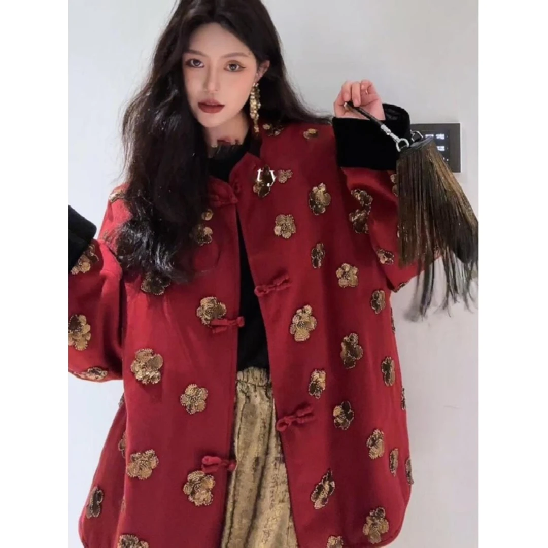 冬季新款新中式轻国风高端设计感重工鎏金提花红色盘扣开衫厚外套