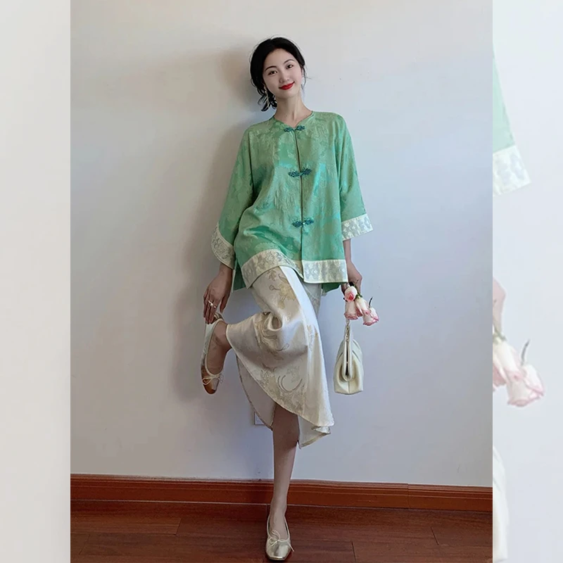新中式高级感宽松女装盘扣衬衫2025年夏季宋锦轻奢绝美半身裙套装