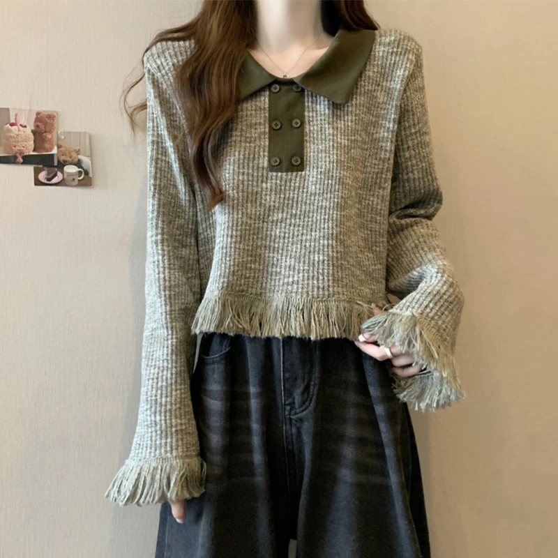 大码女装遮肚子复古流苏长袖针织衫女春秋胖妹妹显瘦小众别致上衣