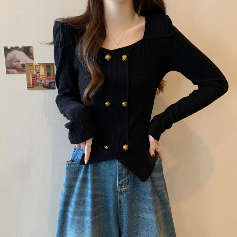 大码女装遮肚子小众方领针织打底衫女春秋胖MM显瘦不规则短款上衣