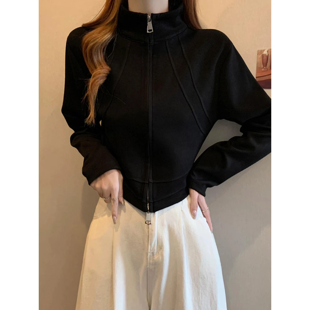 大码女装遮肚子拉链小众别致打底衫女春秋胖妹妹显瘦内搭短款上衣