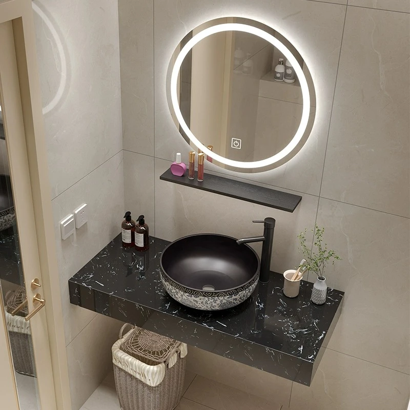 简约新中式卫生间面盆柜陶瓷台面大理石洗脸池复古台上盆洗手盆