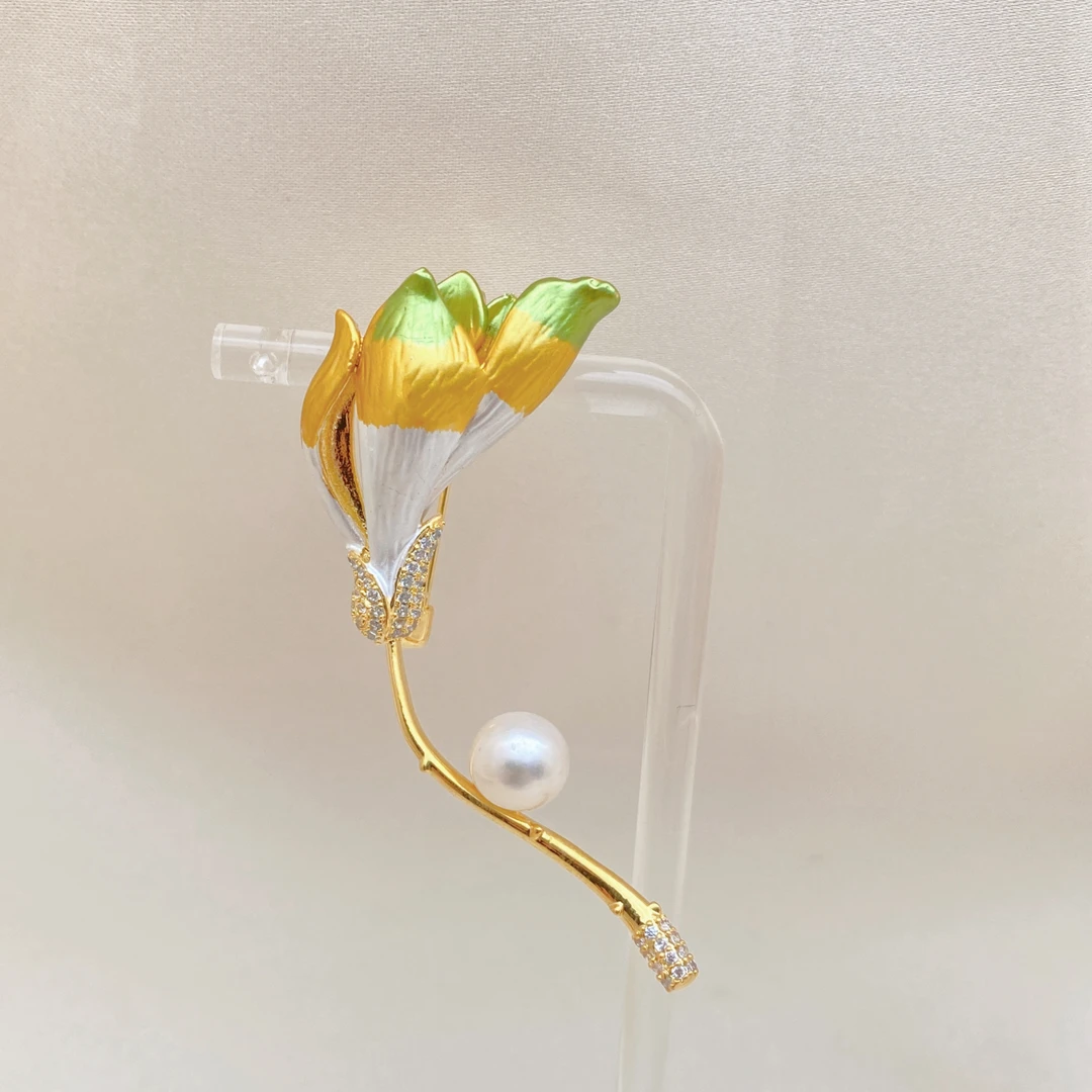 LH196【手绘珐琅郁金香珍珠胸针】手工气质时尚百搭复古古风简约